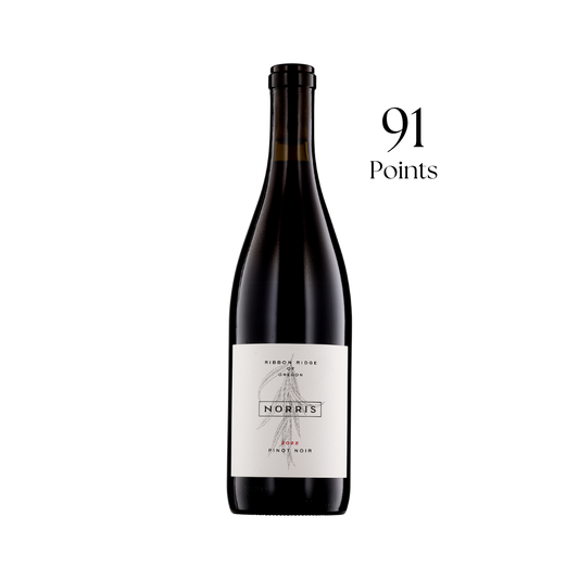 Wine bottle with a label and a score of 91 points on a white background
