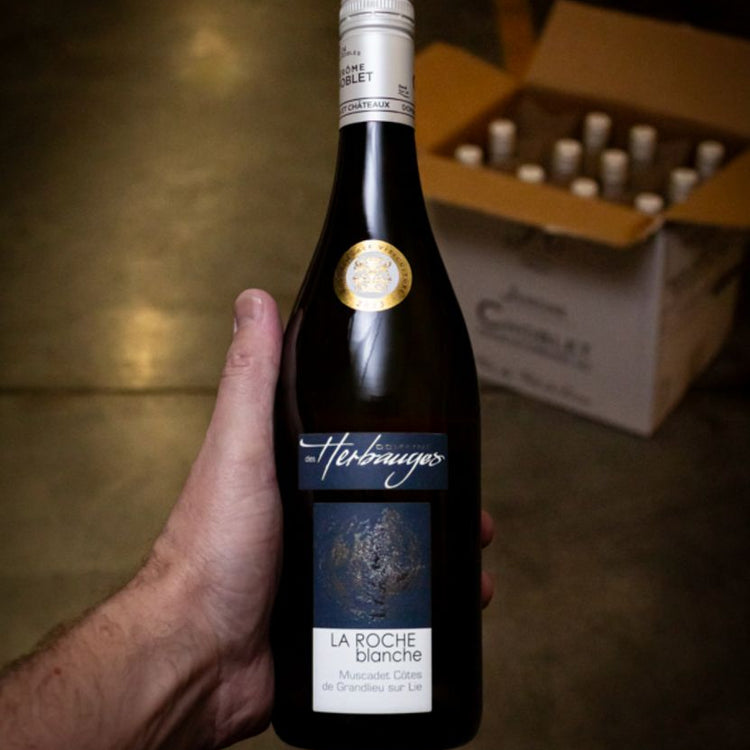 Hand holding a bottle of La Roche Blanche wine with a blurred background