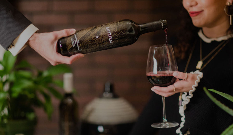 Person pouring red wine from a bottle into a glass held by another person against a blurred background.