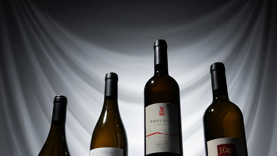 Four wine bottles with visible labels on a draped fabric background