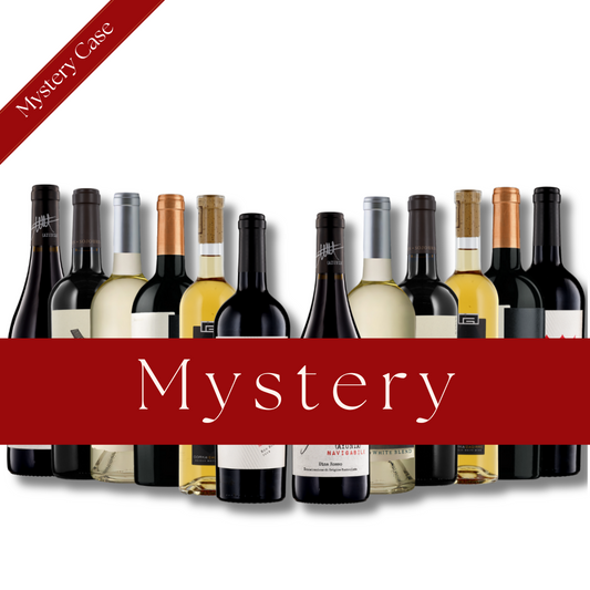 Row of wine bottles with 'Mystery' text on a white background