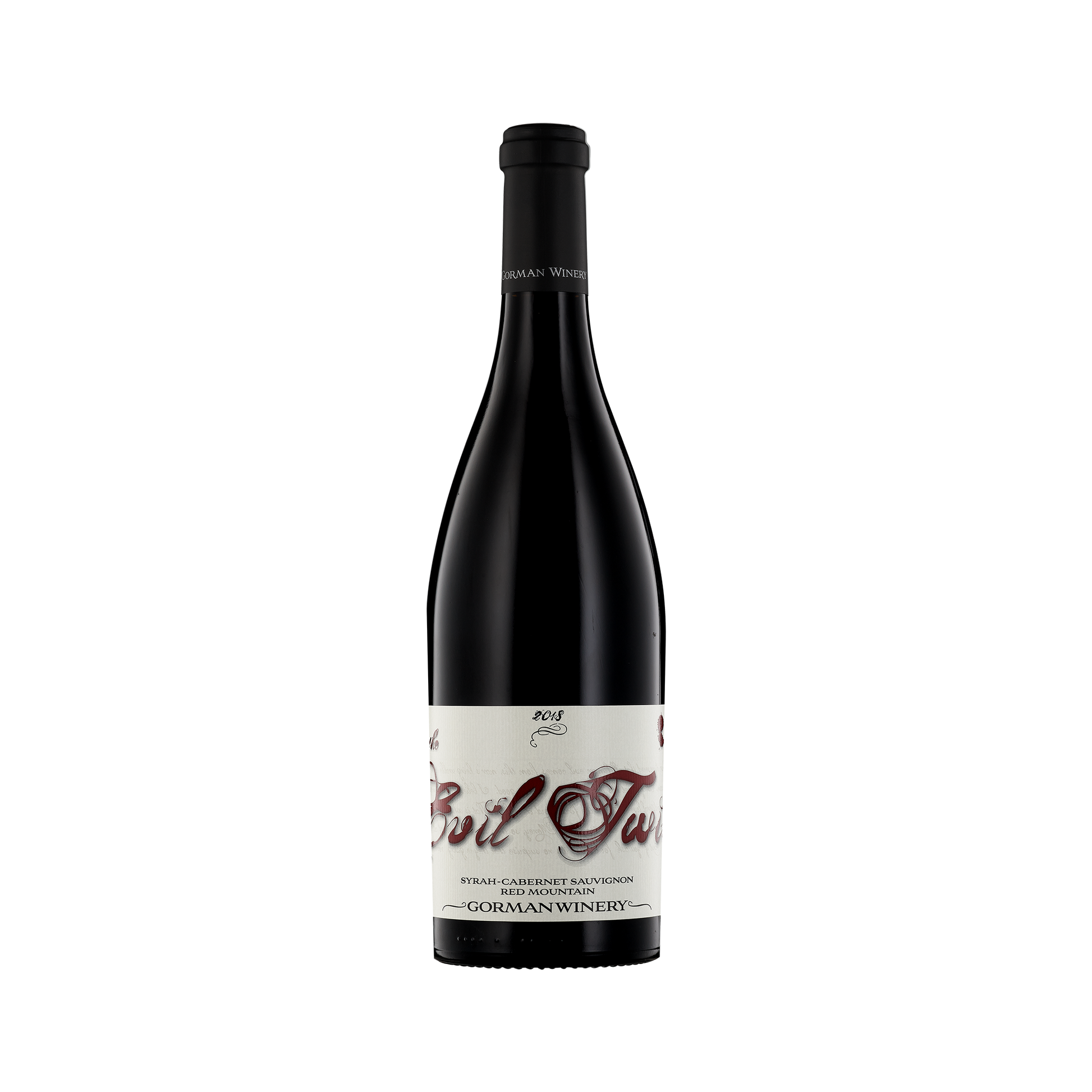 A bottle of Gorman Winery 2018 'Evil Twin' Syrah-Cabernet Sauvignon