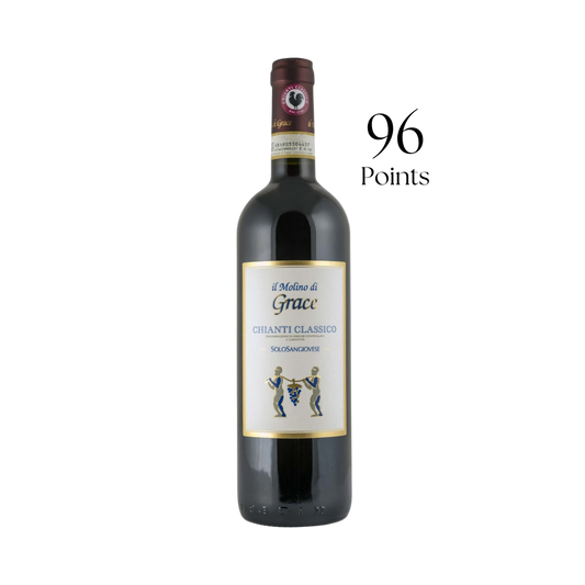 Wine bottle with a label and '96 Points' text on a white background