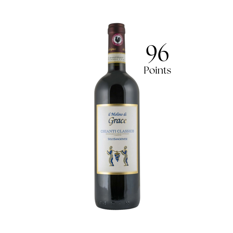 Wine bottle with a label and '96 Points' text on a white background
