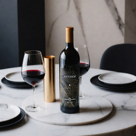 A bottle of wine on an elegant table next to dining settings and two glasses of red