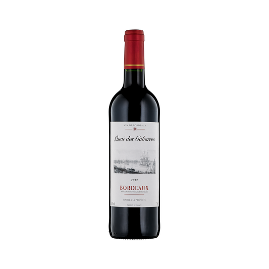 Bottle of Bordeaux wine with a white label on a white background