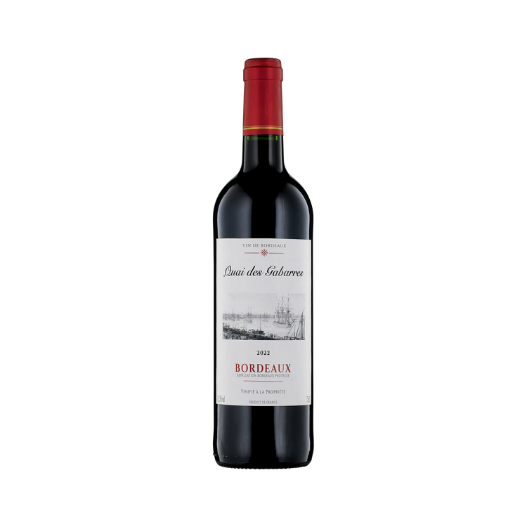 Bottle of Bordeaux wine with a white label on a white background