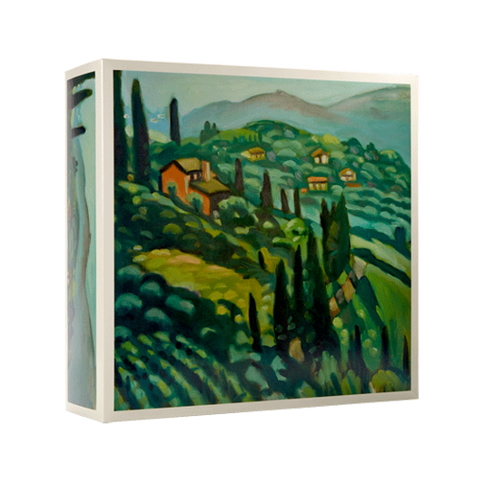 gift box with an artist rendering of a vineyard landscape
