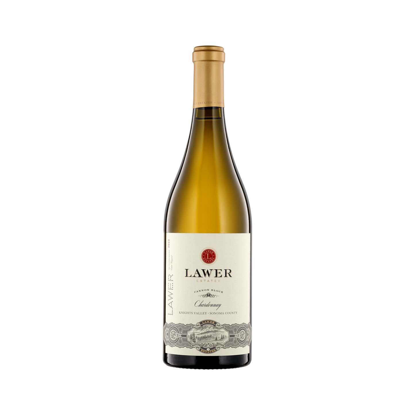 A bottle of Lawer Estates 2019 Chardonnay Cannon Block