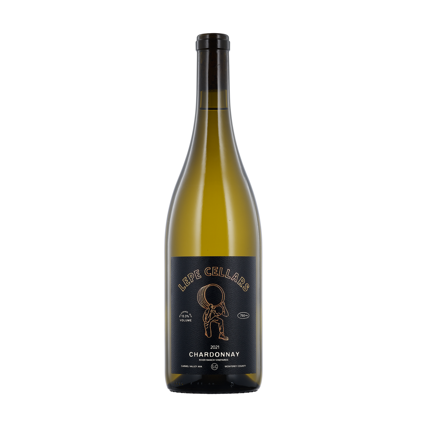 A bottle of Lepe Cellars 2021 Chardonnay River Ranch Vineyards