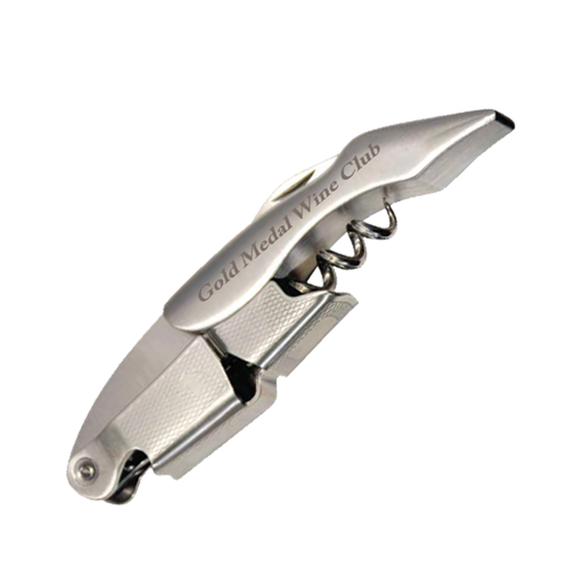 Stainless steel corkscrew with Gold Medal Wine Club branding