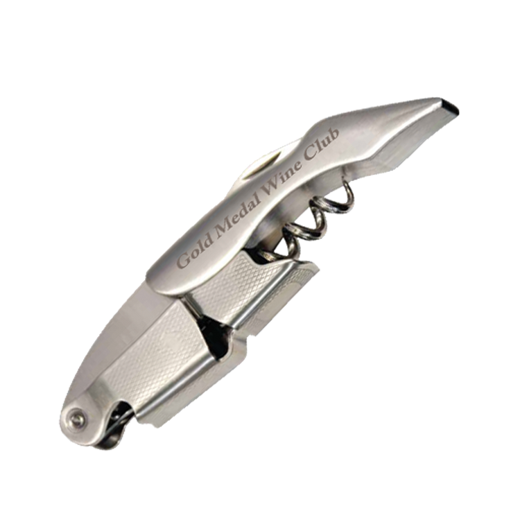 Stainless steel corkscrew with Gold Medal Wine Club branding