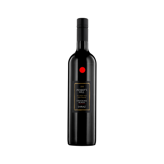 A bottle of Penny's Hill Estate Vineyards 2018 'Cracking Black' Shiraz