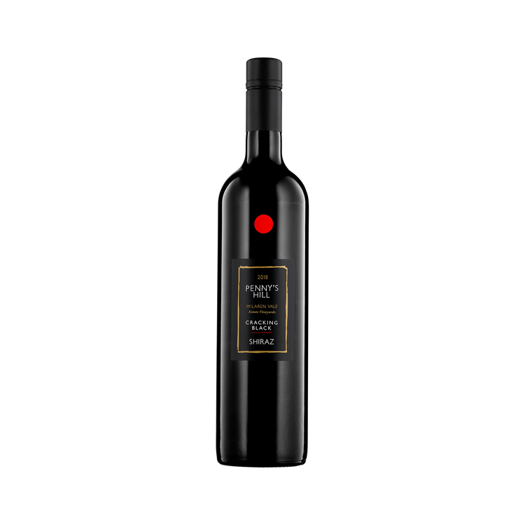 A bottle of Penny's Hill Estate Vineyards 2018 'Cracking Black' Shiraz