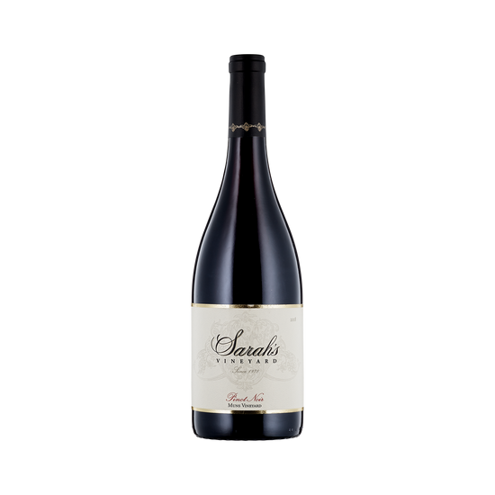 A bottle of Sarah's Vineyard 2018 Pinot Noir