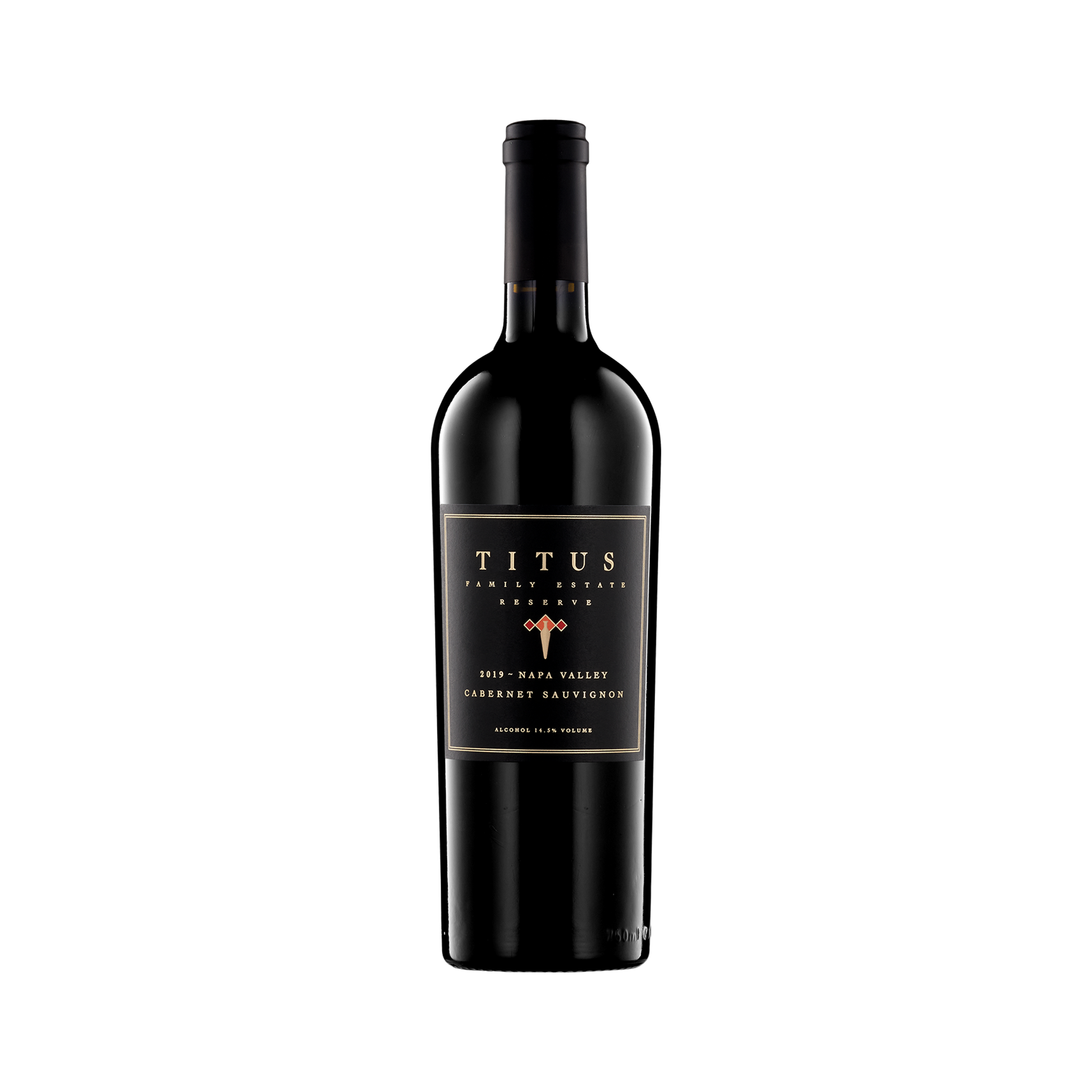 A bottle of Titus Vineyards 2019 Cabernet Sauvignon