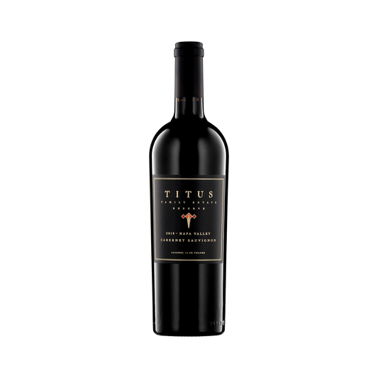 A bottle of Titus Vineyards 2019 Cabernet Sauvignon