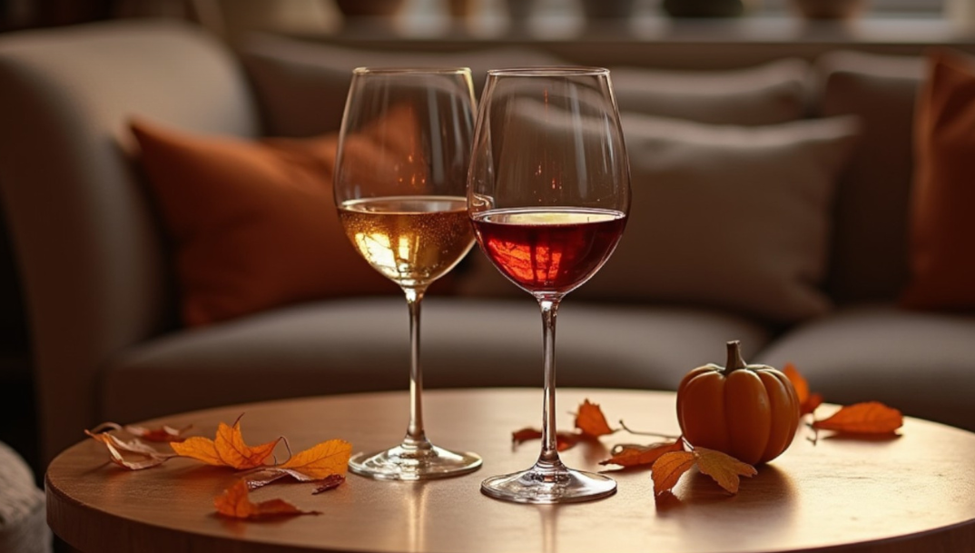 two glasses of red wine on a table with a cheese plate and candles