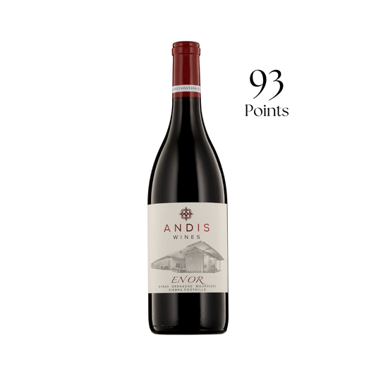 Red wine bottle with 'Andis Wines' label on a white background