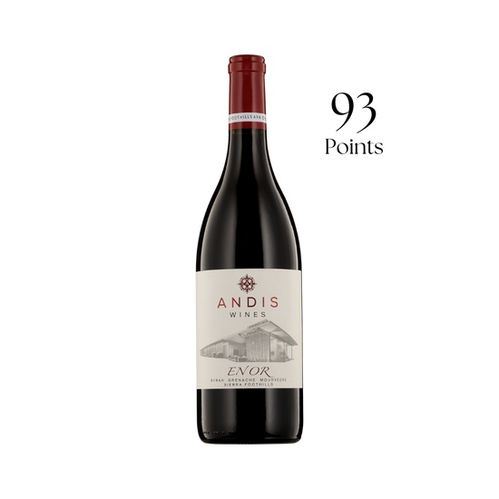 Red wine bottle with 'Andis Wines' label on a white background