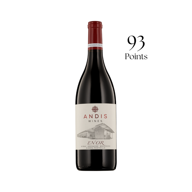 Red wine bottle with 'Andis Wines' label on a white background