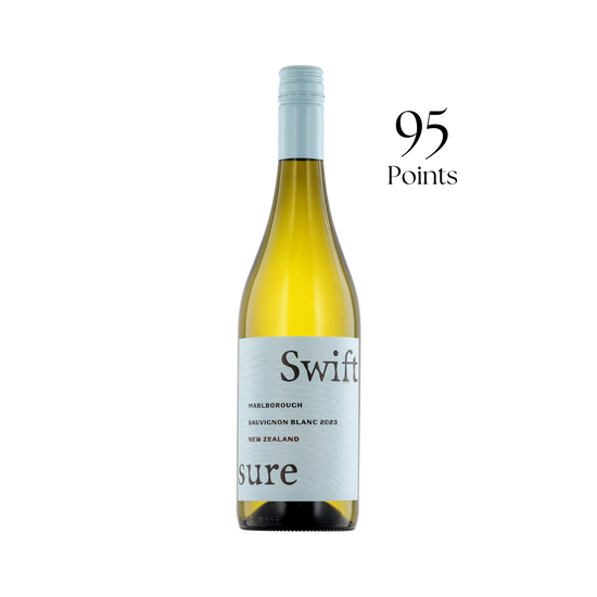 Bottle of Swift wine with a 95-point rating on a white background