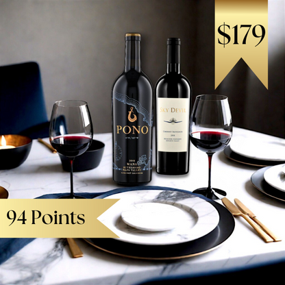 Two bottles of wine displayed on a preset dining table with 94 points and $179