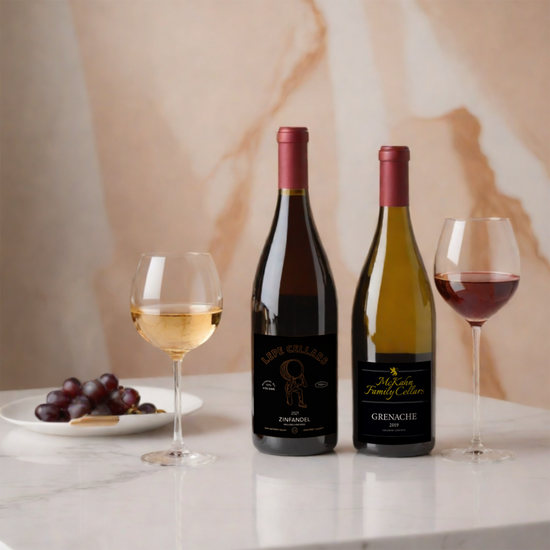 Gold Wine Club selection with two bottles of wine and glasses