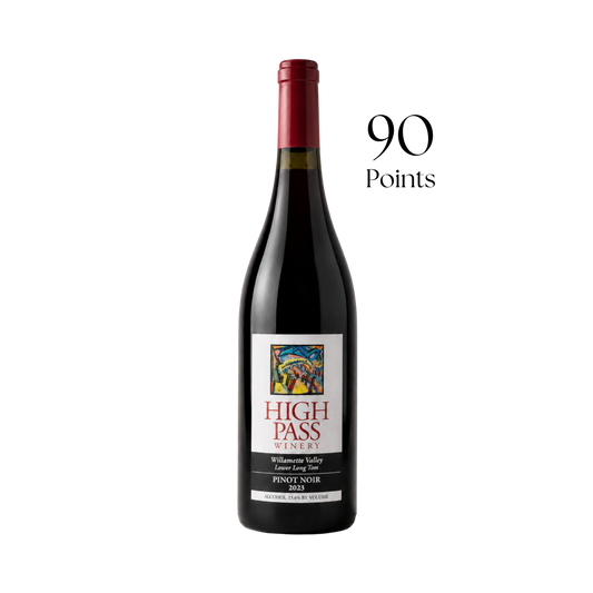 Wine bottle with 'High Pass' label and 90 points rating on a white background