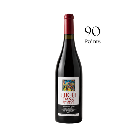 Wine bottle with 'High Pass' label and 90 points rating on a white background