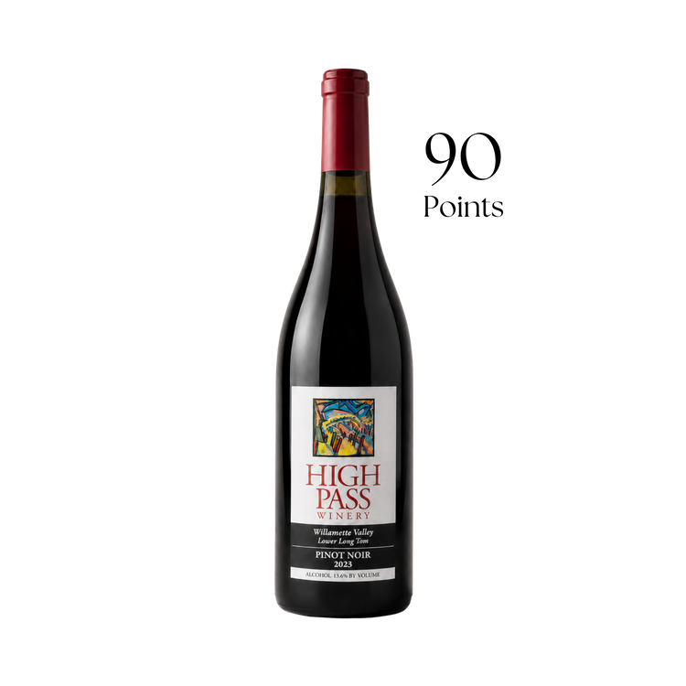 Wine bottle with 'High Pass' label and 90 points rating on a white background