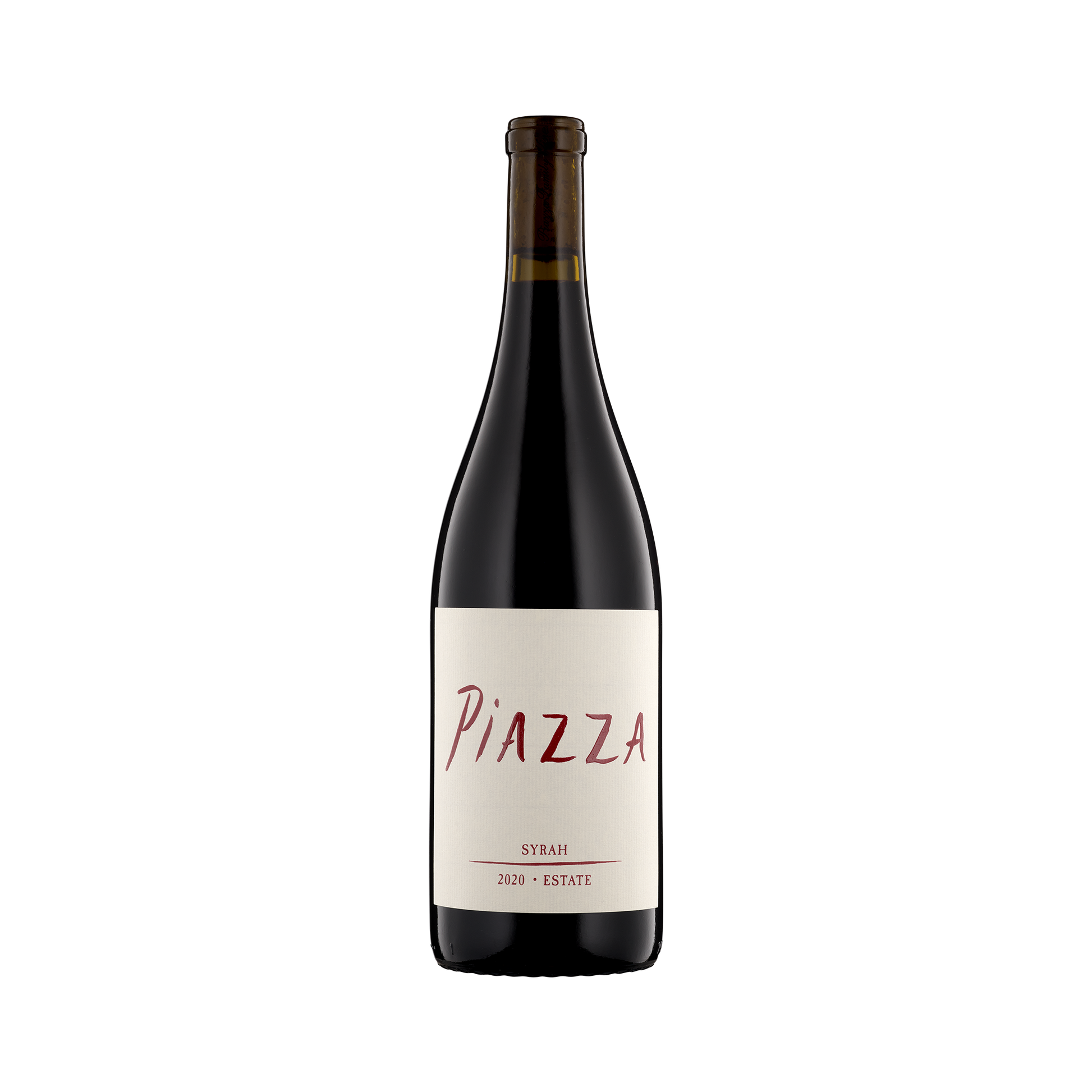A bottle of Piazza Estate 2020 Syrah Bella Vista Vineyard
