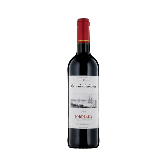 Bottle of Bordeaux wine with a white label on a white background
