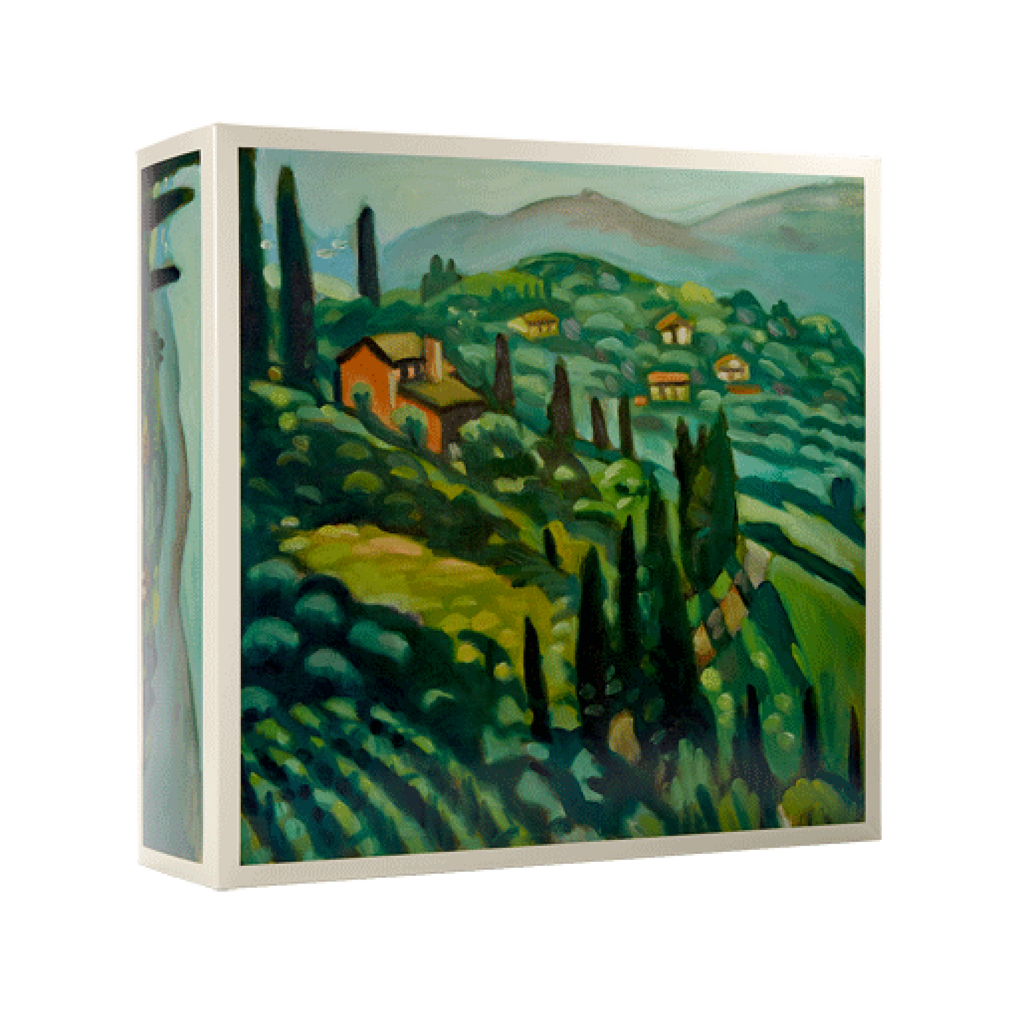 gift box with an artist rendering of a vineyard landscape