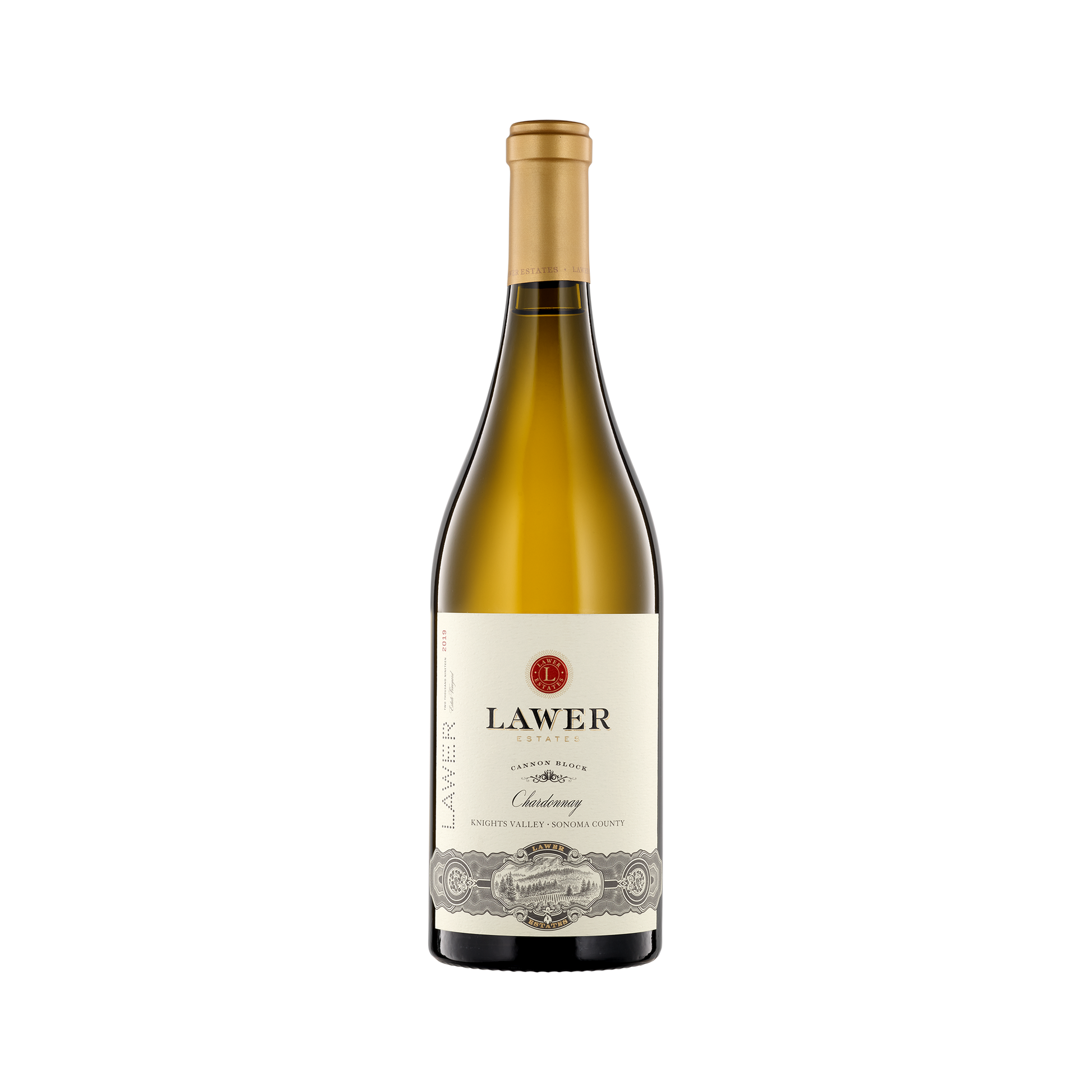 A bottle of Lawer Estates 2019 Chardonnay Cannon Block