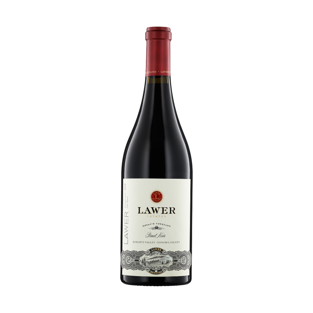 A bottle of Lawer Estates 2019 Pinot Noir Betsy's Vineyard