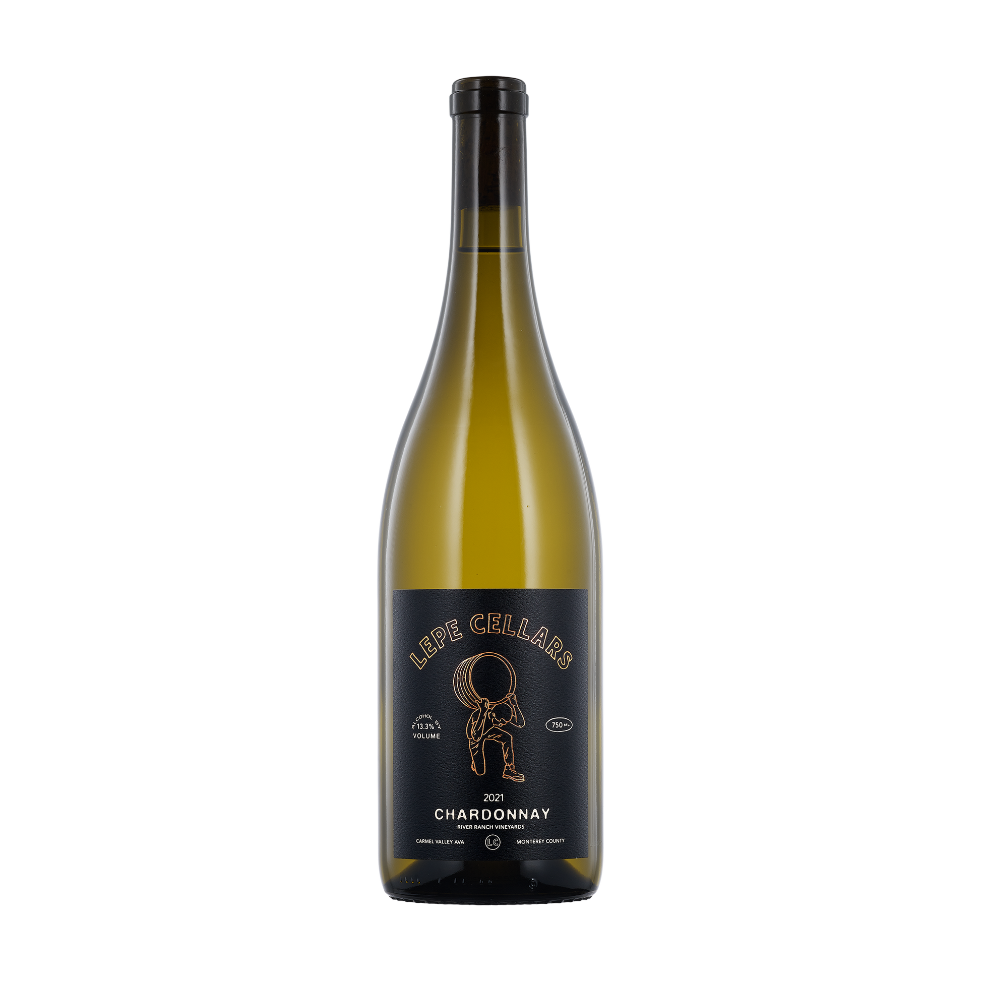 A bottle of Lepe Cellars 2021 Chardonnay River Ranch Vineyards