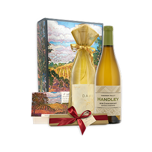 A wine gift set with 2 bottles of Chardonnay and Chocolate truffles