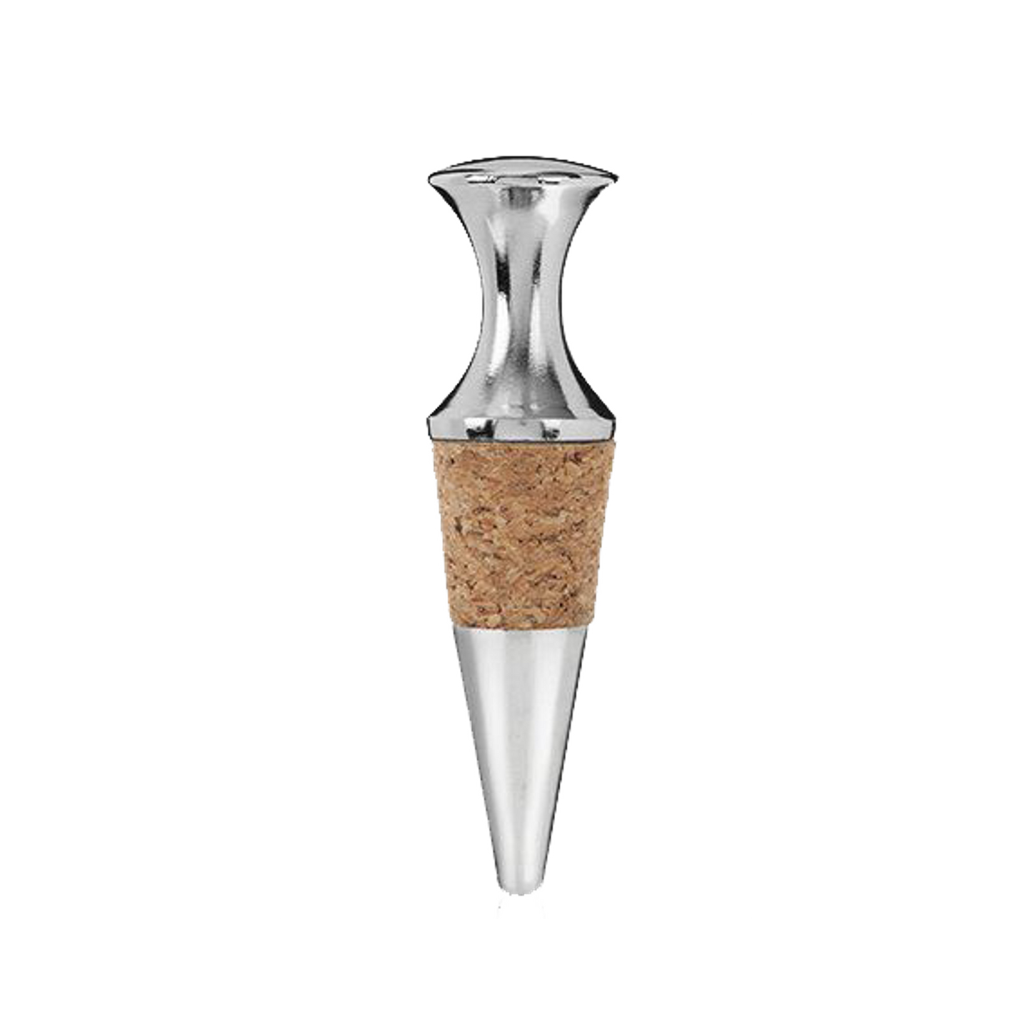 A wine bottle stopper with a cork seal and a chrome finish