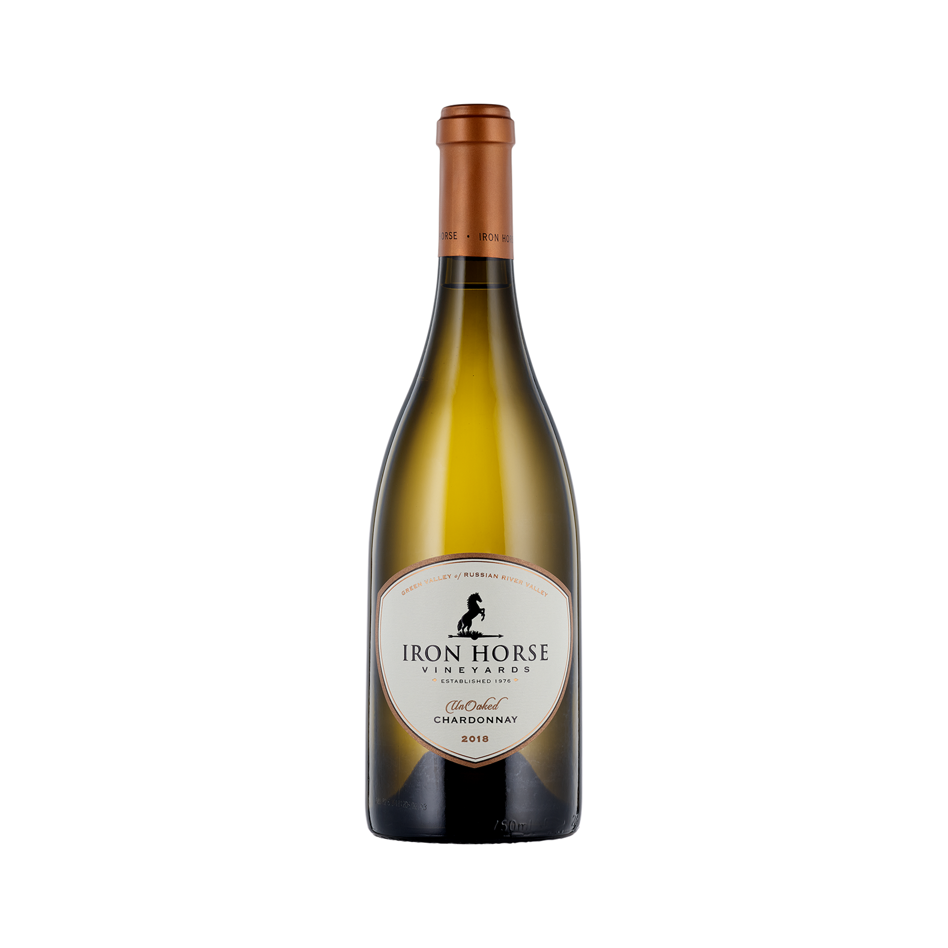 A bottle of Iron Horse Vineyards 2018 Unoaked Chardonnay