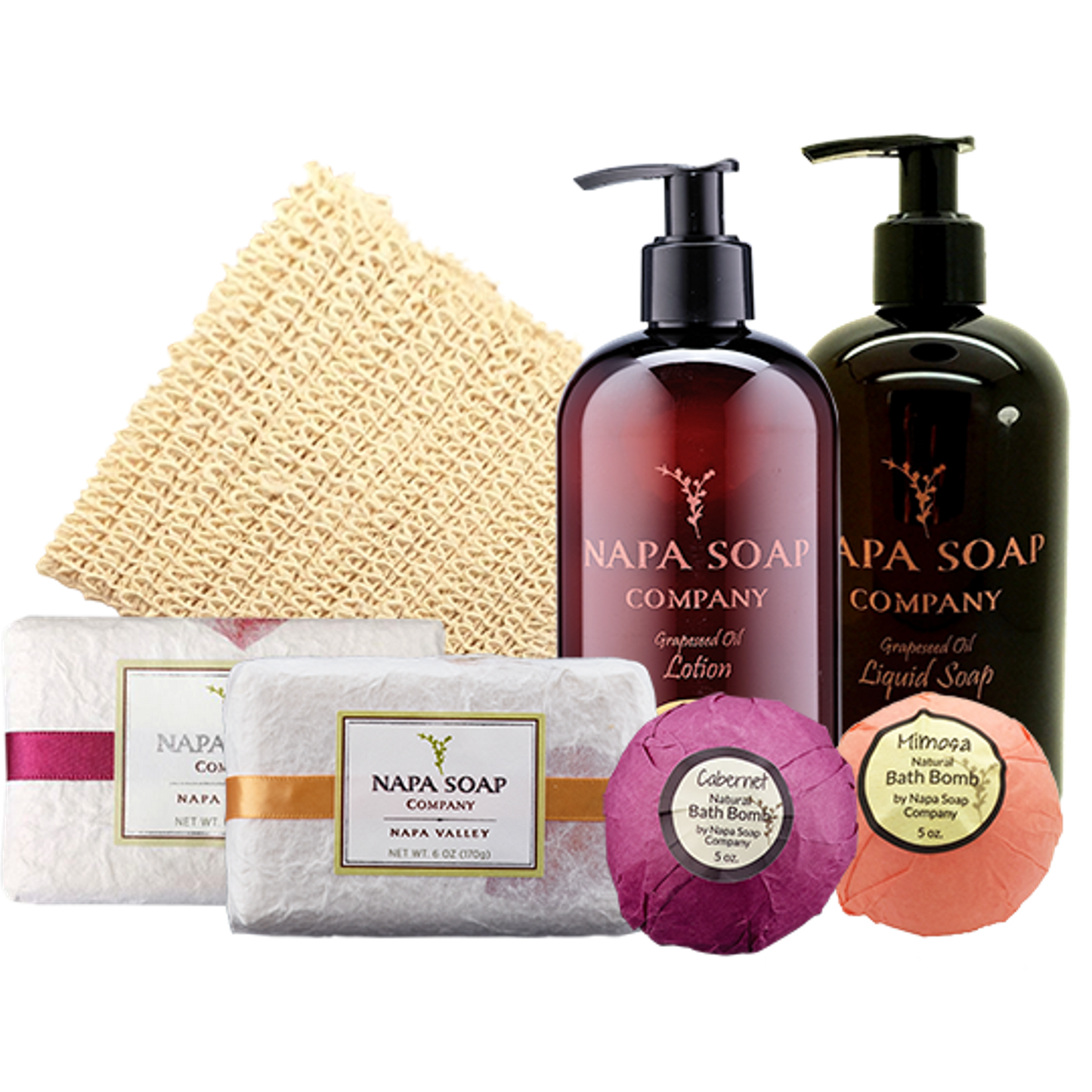 An assortment of Napa Soap Company products, including an assortment of soaps and lotions.