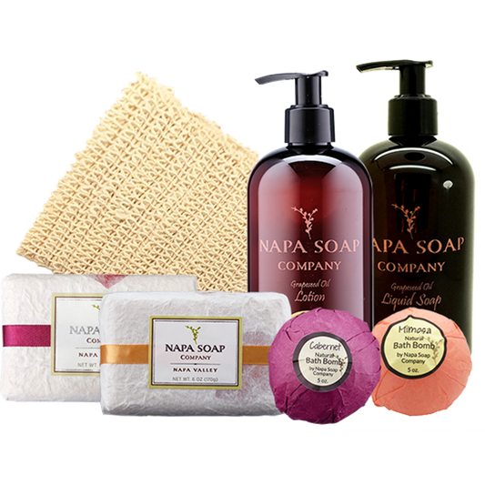 An assortment of Napa Soap Company products, including an assortment of soaps and lotions.