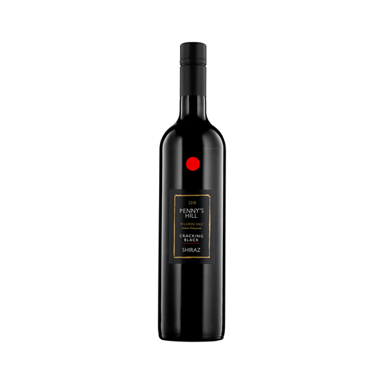 A bottle of Penny's Hill Estate Vineyards 2018 'Cracking Black' Shiraz