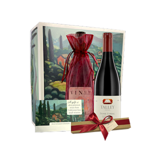 A wine gift basket with 2 bottles of Pinot Noir and artisan truffles