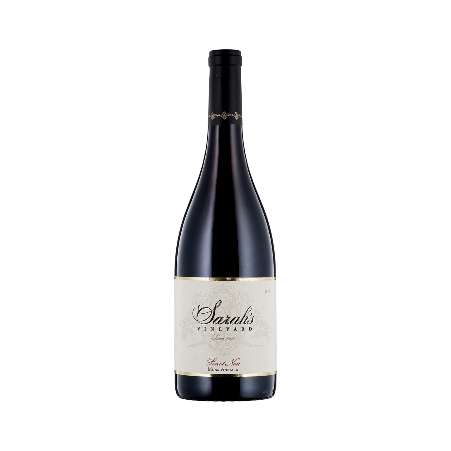 A bottle of Sarah's Vineyard 2018 Pinot Noir