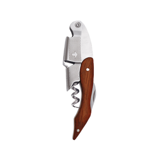 A stainless steel and rosewood corkscrew wine bottle opener