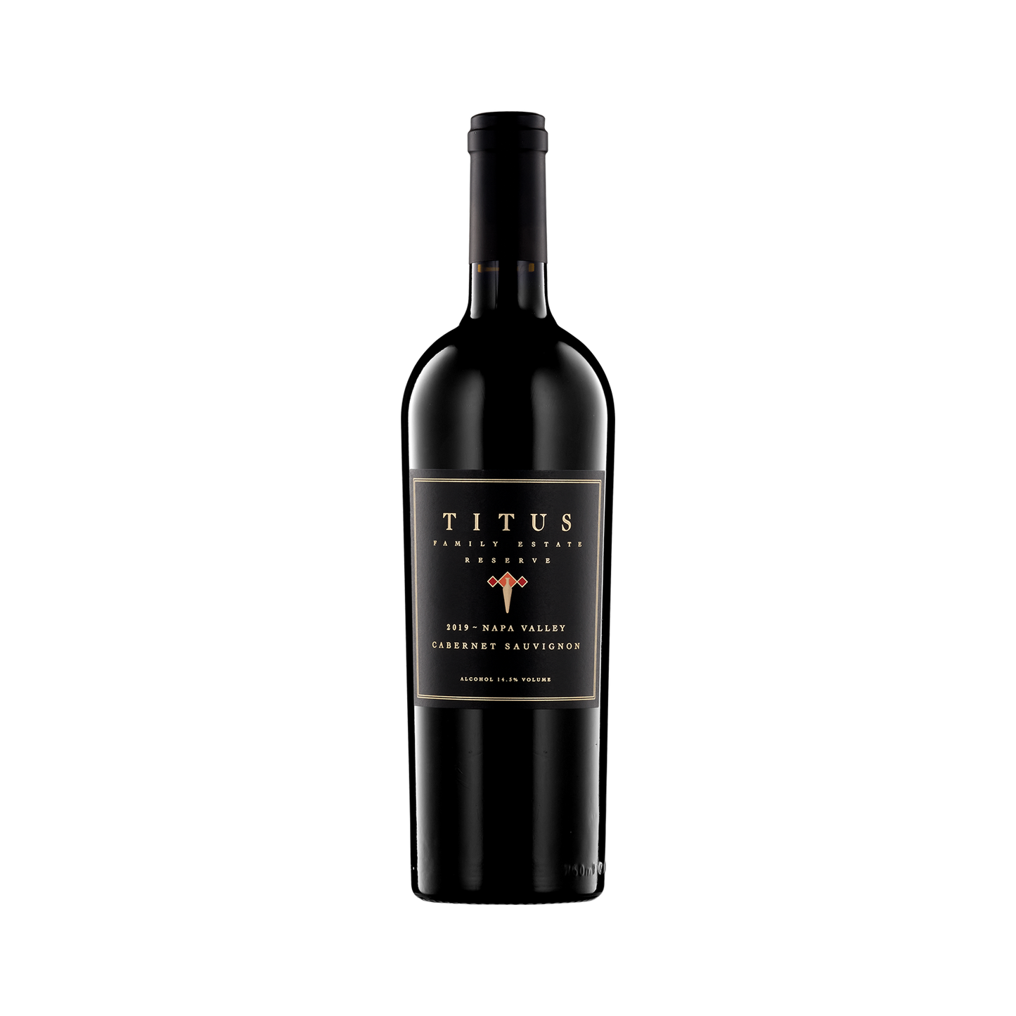 A bottle of Titus Vineyards 2019 Cabernet Sauvignon